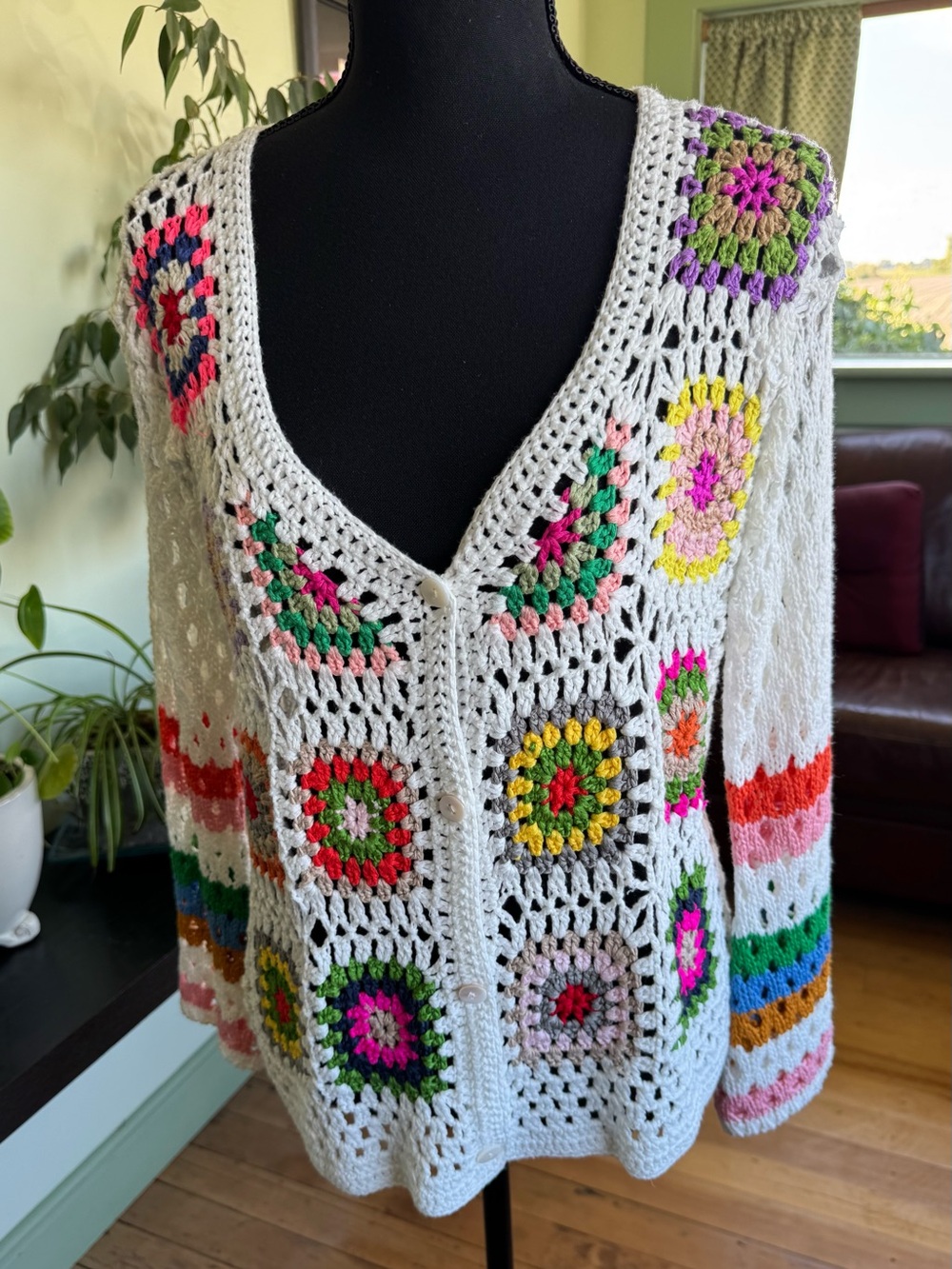 Crochet Granny-Square Cardigan Sweater with Multicolor Accents